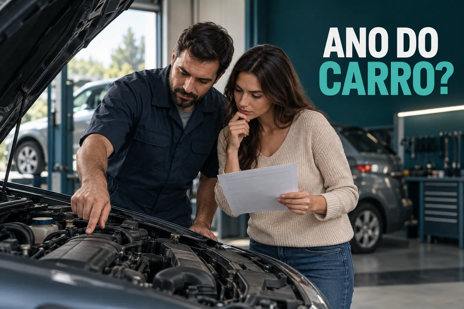 Compradora e técnico observam motor de carro usado e folha ilustrativa, sob chamada Ano do carro?.