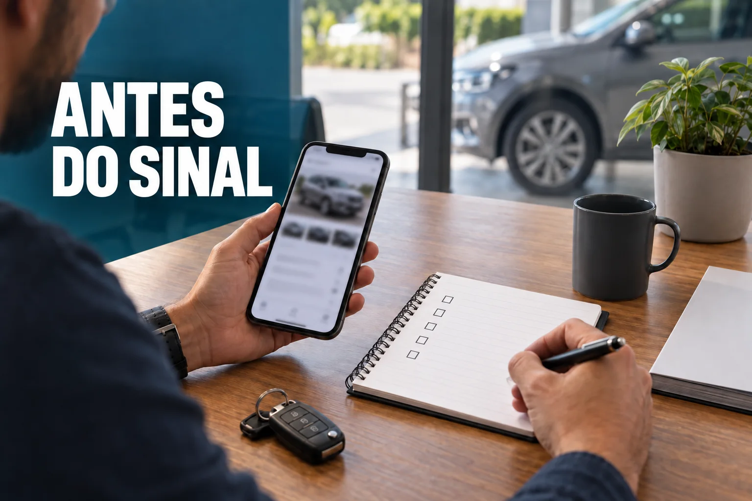 Pessoa com anúncio de carro usado no celular e lista de conferência antes de pagar um sinal; chamada Antes do sinal.