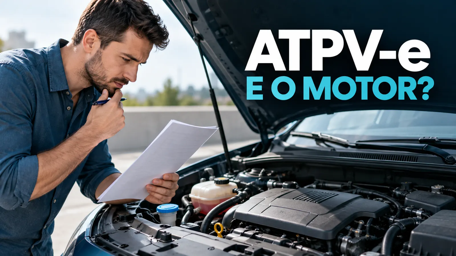 Comprador observa o compartimento do motor e consulta papéis ilustrativos, com chamada ATPV-e e o motor.