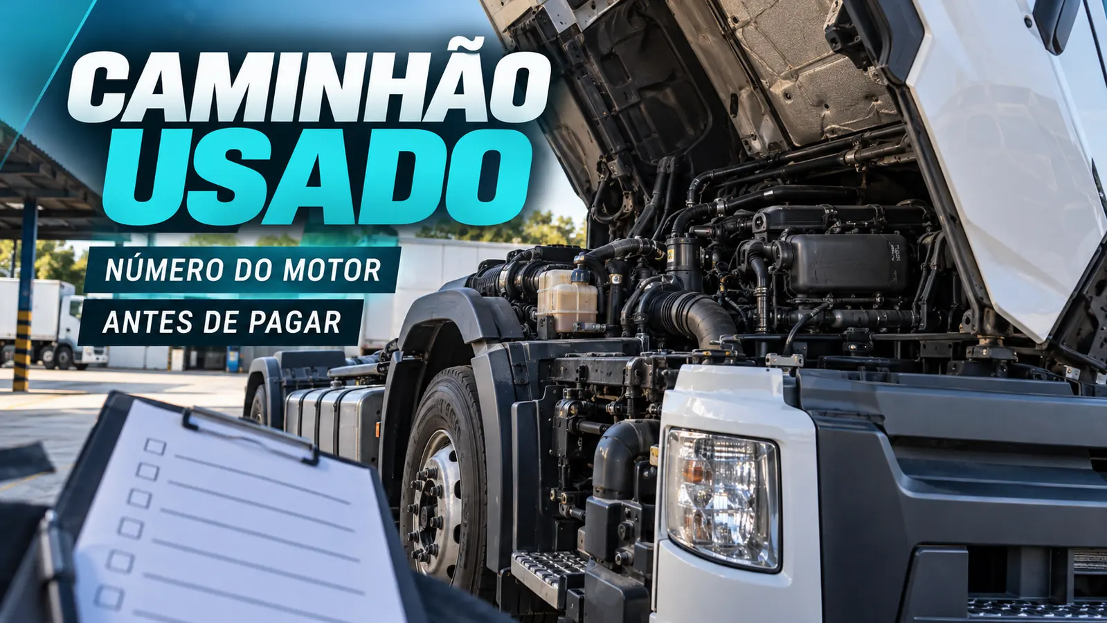 Caminhão usado com cabine basculada e motor exposto em pátio de inspeção, com chamadas sobre número do motor antes de pagar.