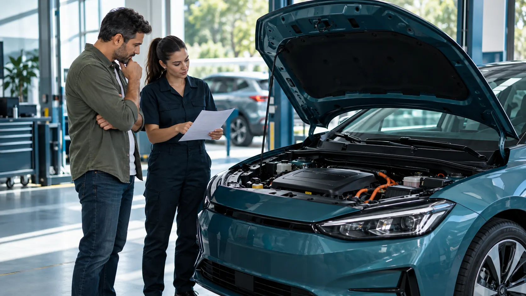 Imagem ilustrativa de comprador e profissional conferindo um documento ao lado de um carro elétrico, sem tocar nos componentes de tração.