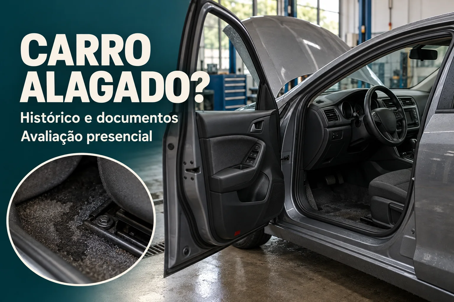 Composição ilustrativa de carro em oficina com porta e capô abertos, detalhe do assoalho e chamadas sobre histórico, documentos e avaliação presencial
