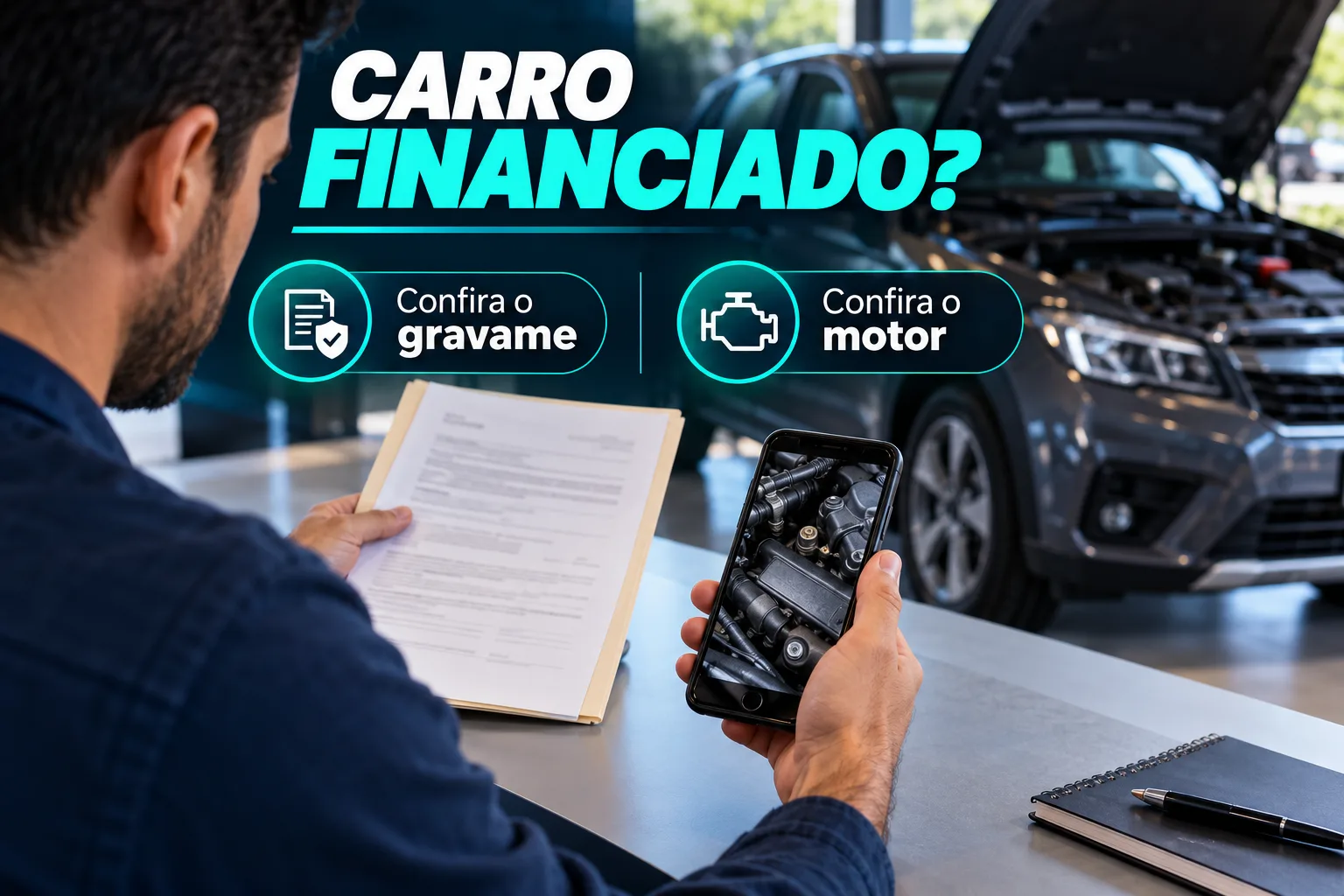 Composição ilustrativa de comprador com documentos e foto de motor, sob chamada Carro financiado e ganchos Confira o gravame e Confira o motor