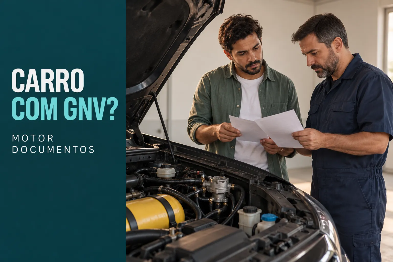 Comprador e técnico comparam papéis ilustrativos junto ao motor de carro com GNV em oficina, sob chamada Carro com GNV?