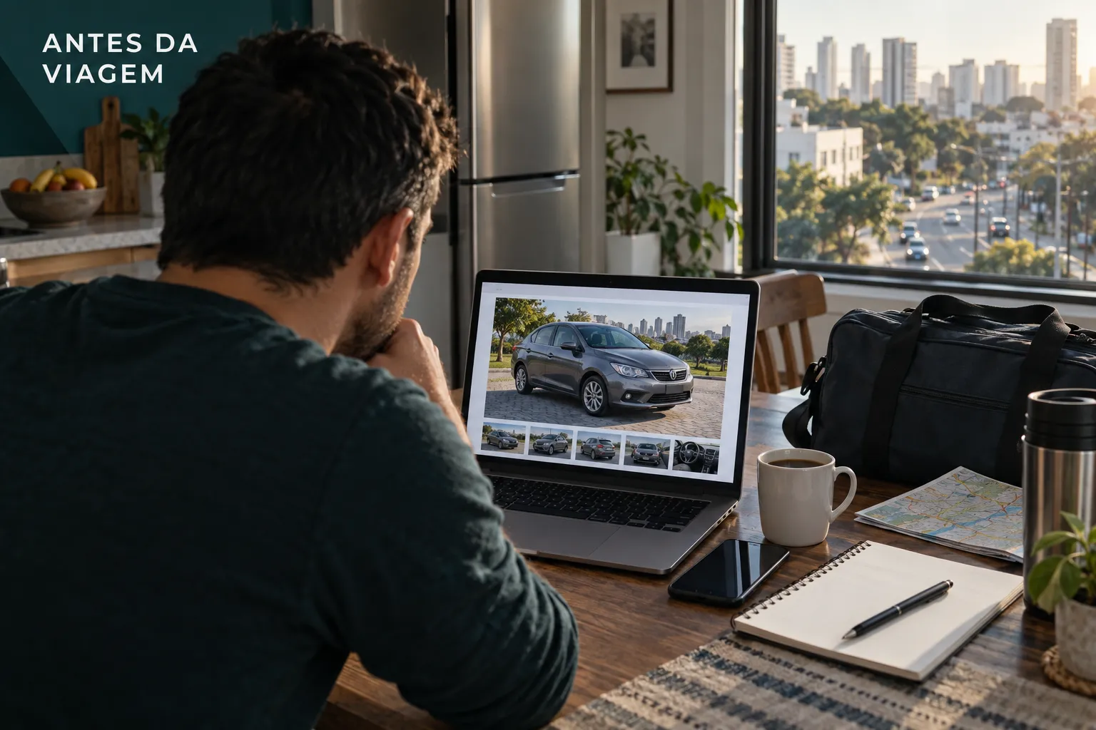 Pessoa planejando uma viagem para ver um carro usado em outra cidade, com foto de veículo no computador e chamada editorial Antes da viagem.