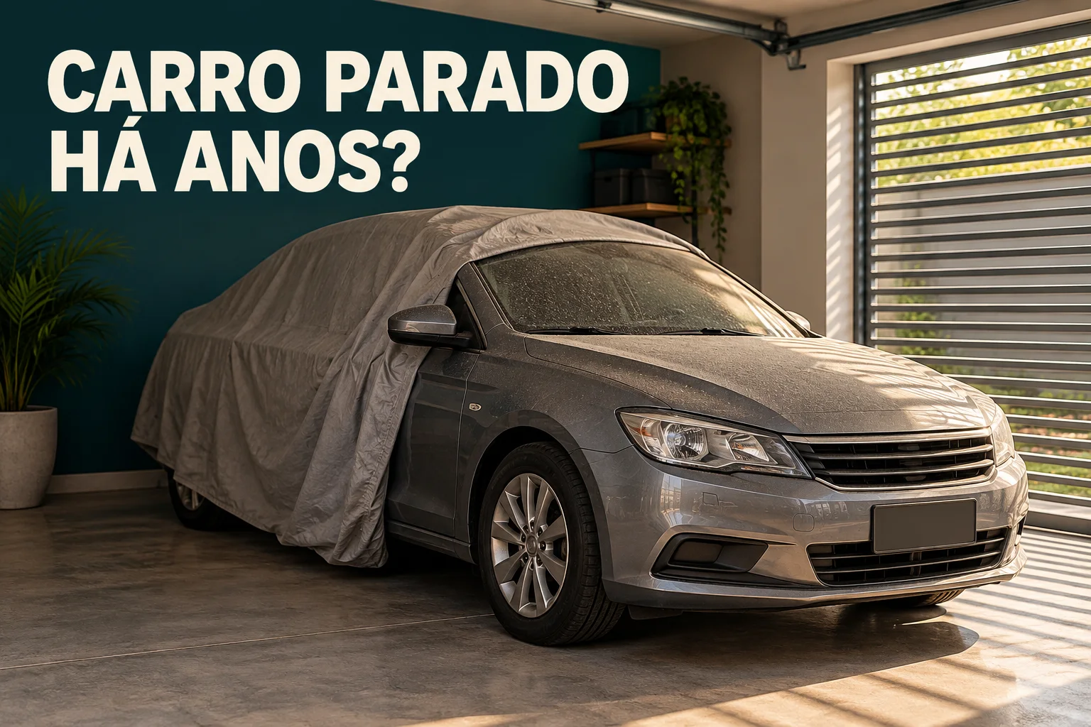 Cena ilustrativa de carro parado com cobertura parcialmente recolhida em garagem, com a chamada Carro parado há anos?