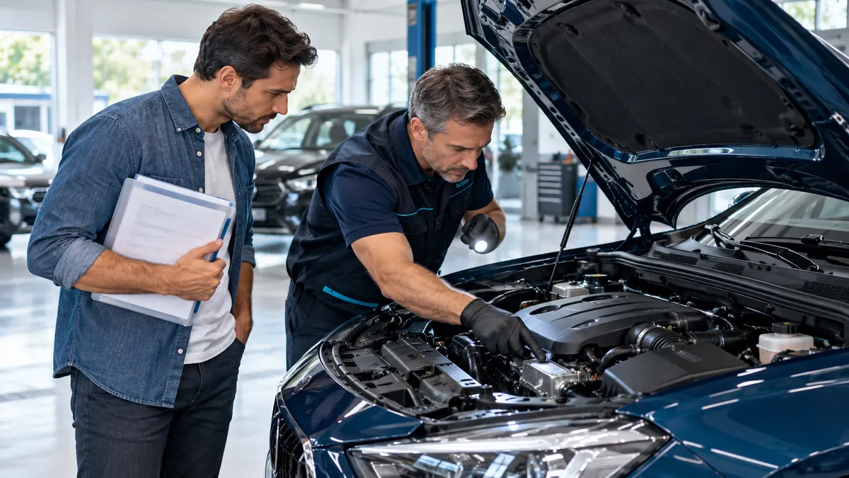 Comprador e profissional observam o compartimento do motor de um carro usado em oficina, sem números ou documentos legíveis