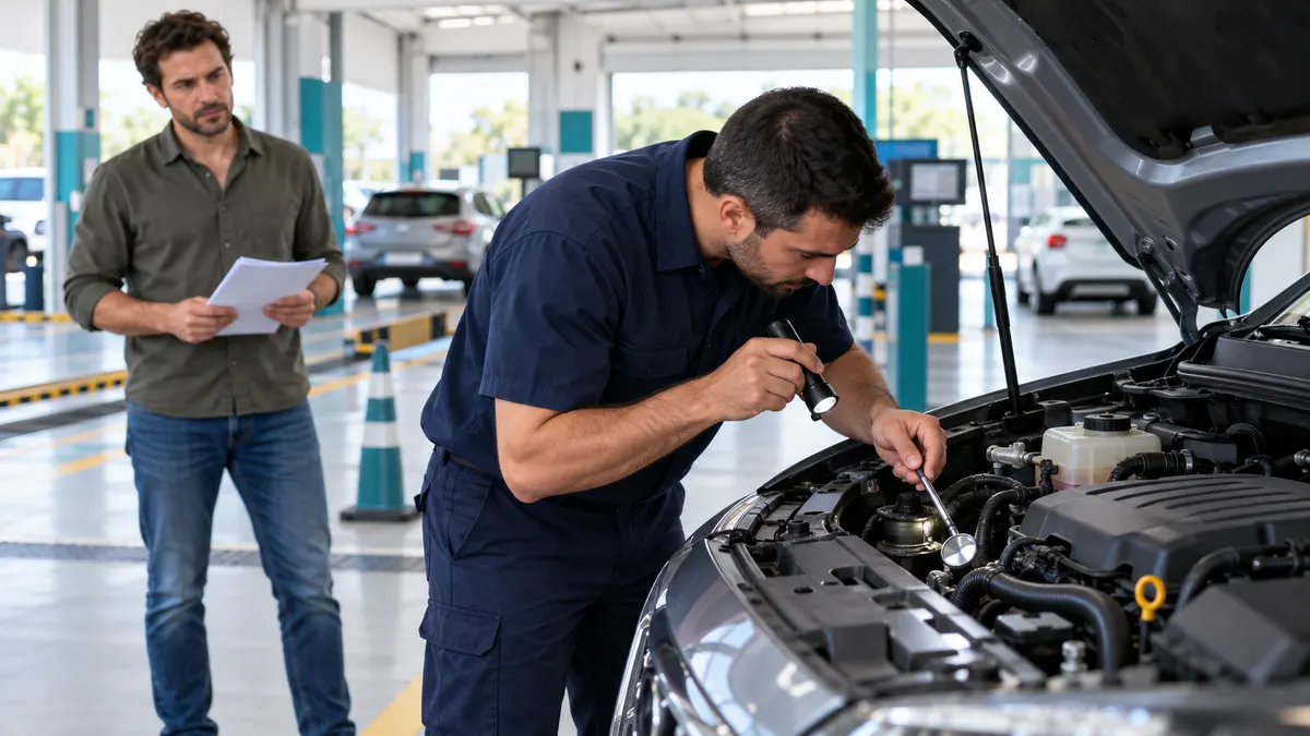 Cena ilustrativa de profissional examinando o compartimento do motor em estação de vistoria enquanto comprador segura documentos sem dados legíveis