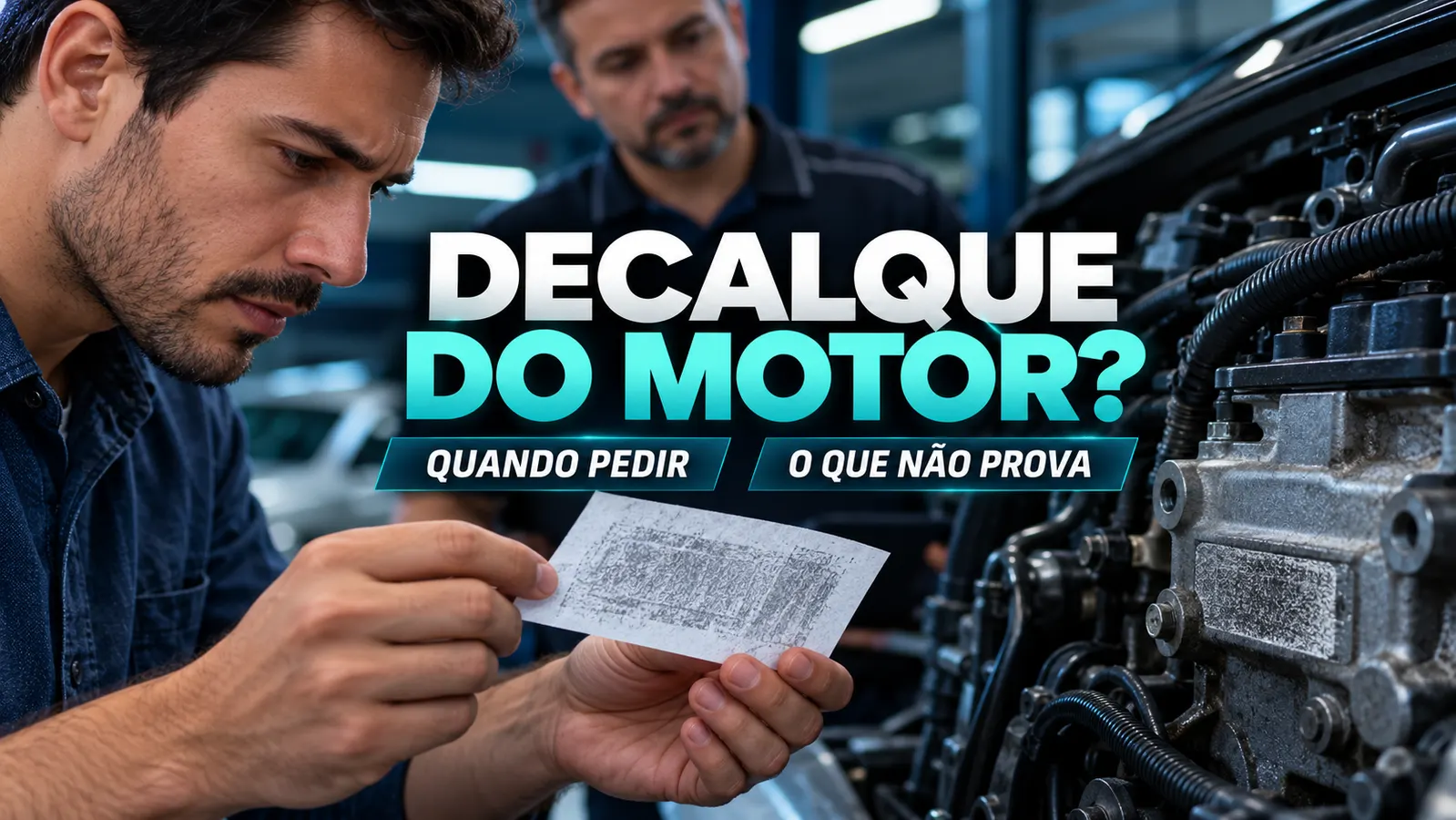 Comprador observa papel ilustrativo semelhante a um decalque diante de um motor, sob a chamada Decalque do motor?