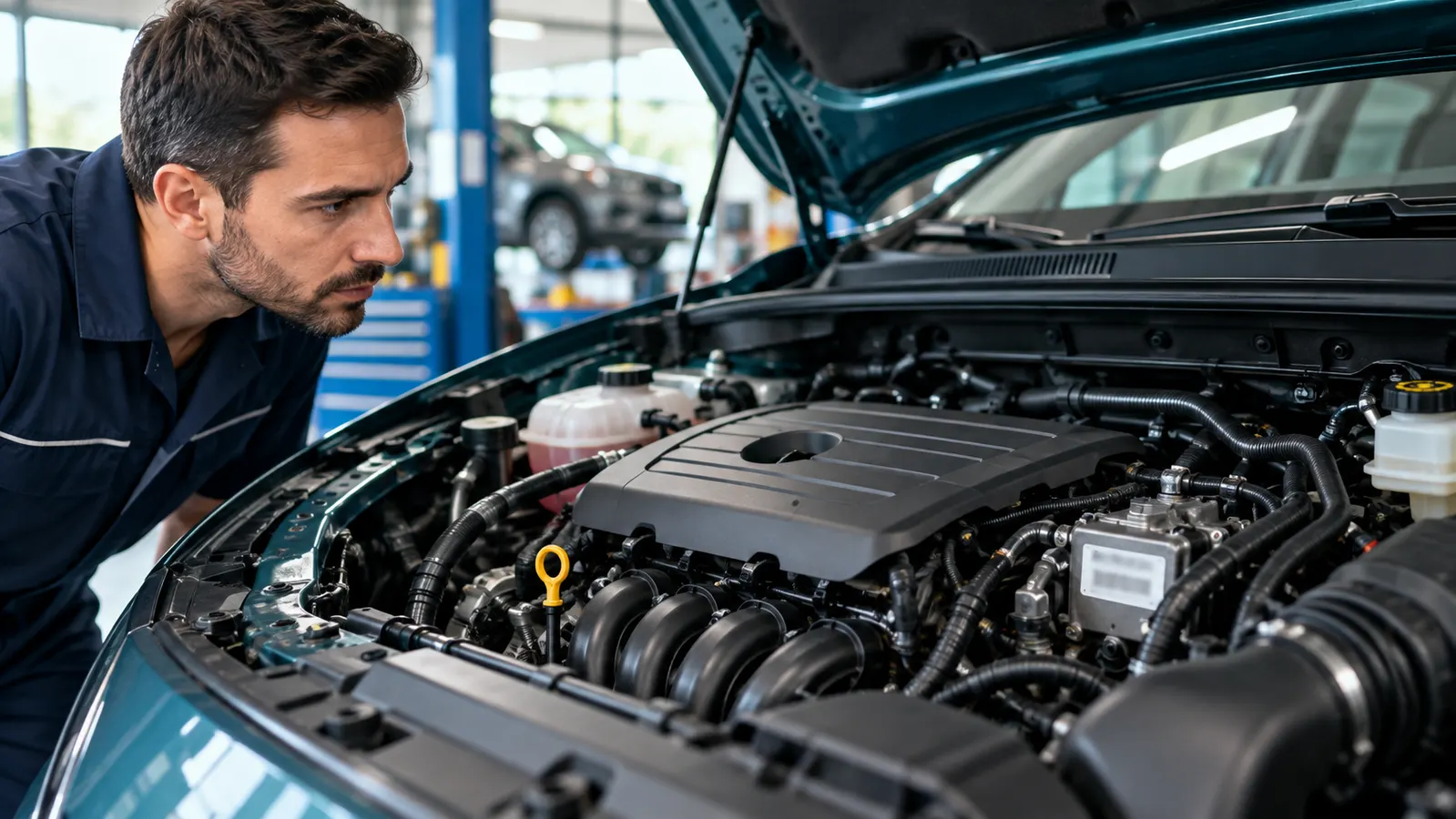 Profissional observa compartimento de motor com etiqueta ilustrativa desfocada, sem números legíveis.
