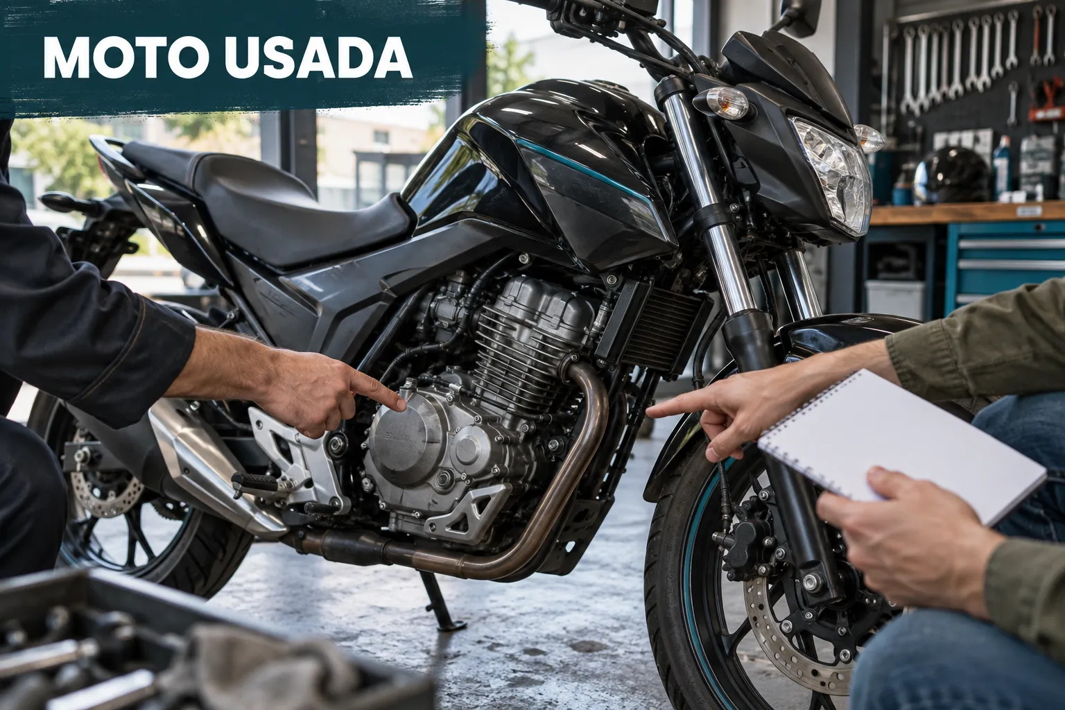 Motocicleta usada em oficina, com duas pessoas apontando para a região do motor antes da compra; chamada editorial Moto Usada.