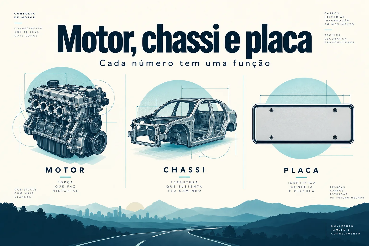 Ilustração comparando motor, estrutura do veículo e placa, com o título Motor, chassi e placa.