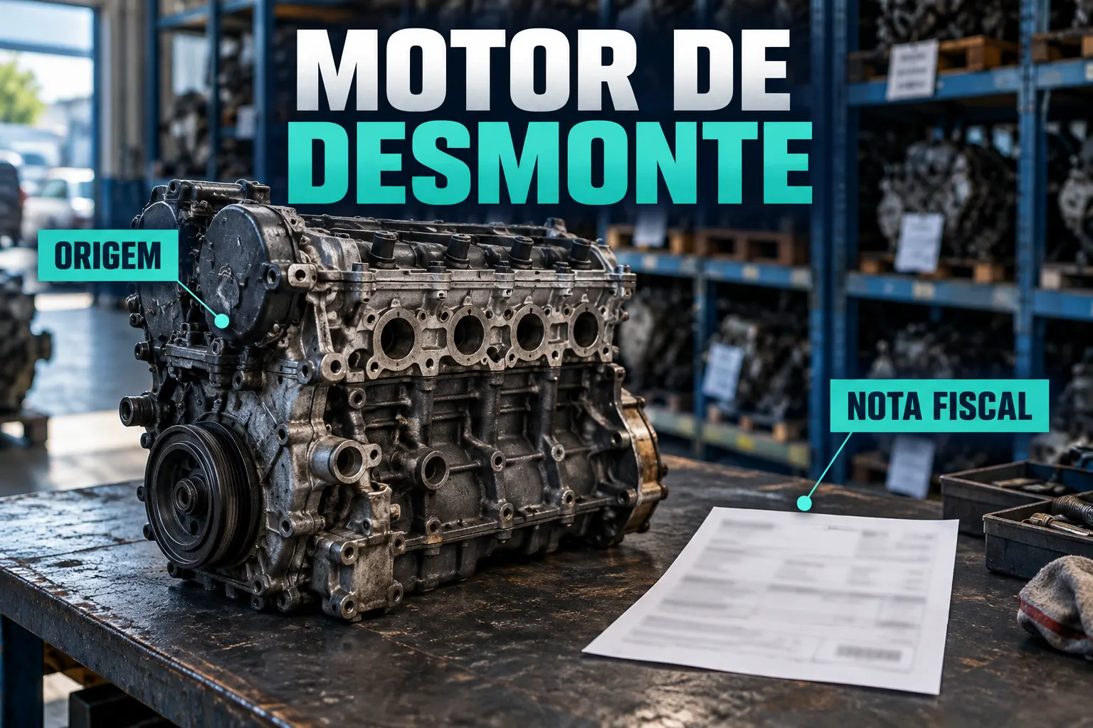 Motor usado em bancada de desmontagem com documento ilustrativo e chamadas Motor de desmonte, Origem e Nota fiscal.