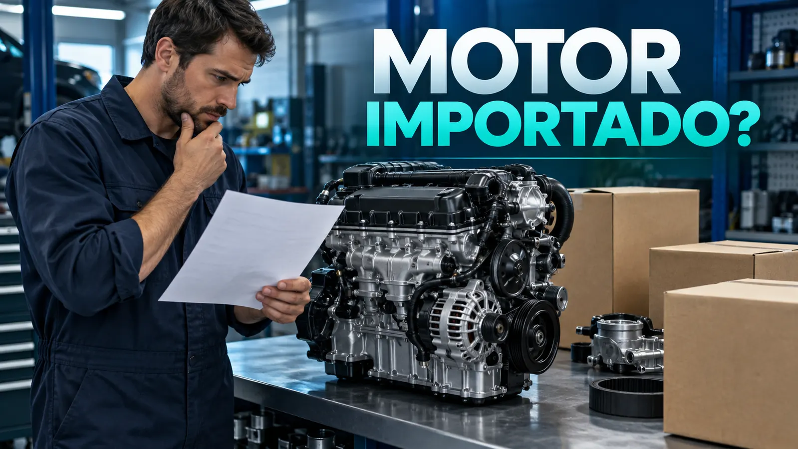 Comprador analisa papel ilustrativo diante de motor exposto em oficina, com chamada Motor importado?.