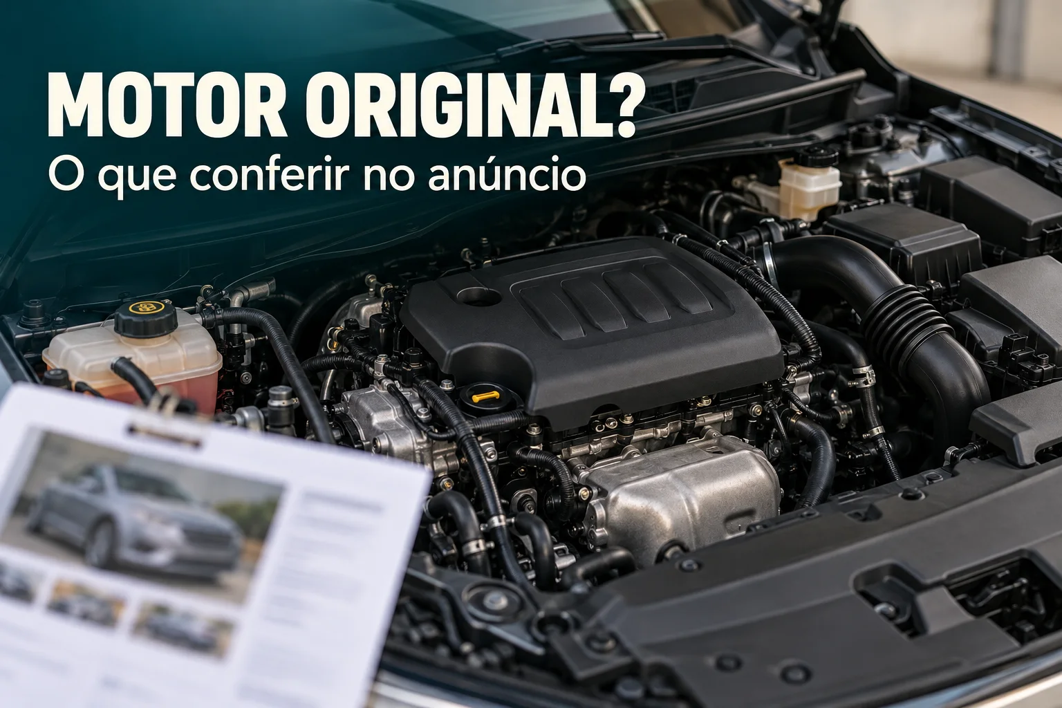 Composição ilustrativa de compartimento de motor e anúncio desfocado, com a chamada Motor original? O que conferir no anúncio