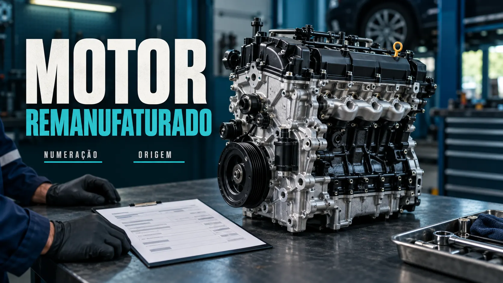 Motor em bancada de oficina com documento ilustrativo e chamadas Motor remanufaturado, Numeração e Origem.