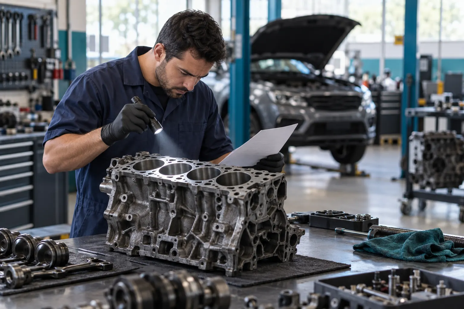 Técnico examina bloco de motor em bancada de oficina com folha de serviço ilustrativa sem dados legíveis.