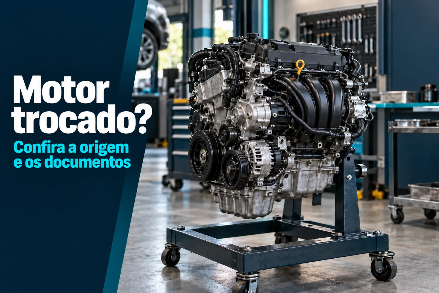 Motor em suporte de oficina com chamada para conferir origem e documentos antes da compra.