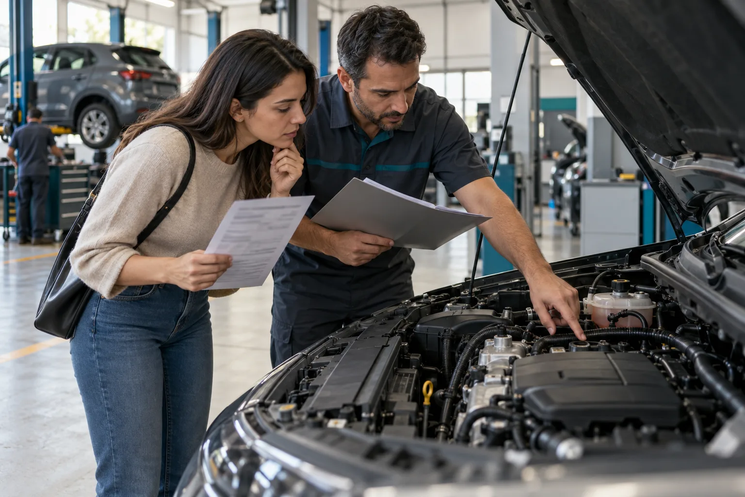 Cena ilustrativa de comprador e profissional em oficina observando o compartimento do motor enquanto conferem documentos sem dados legíveis