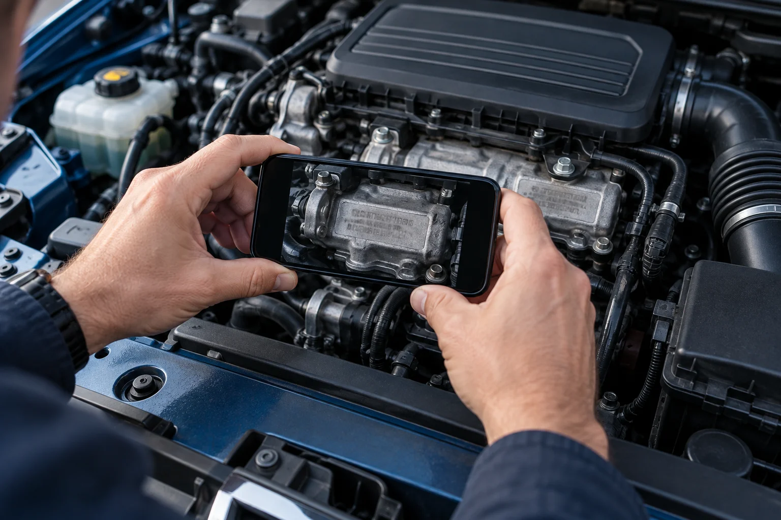 Imagem ilustrativa de mãos fotografando com um celular a área de identificação de um motor.