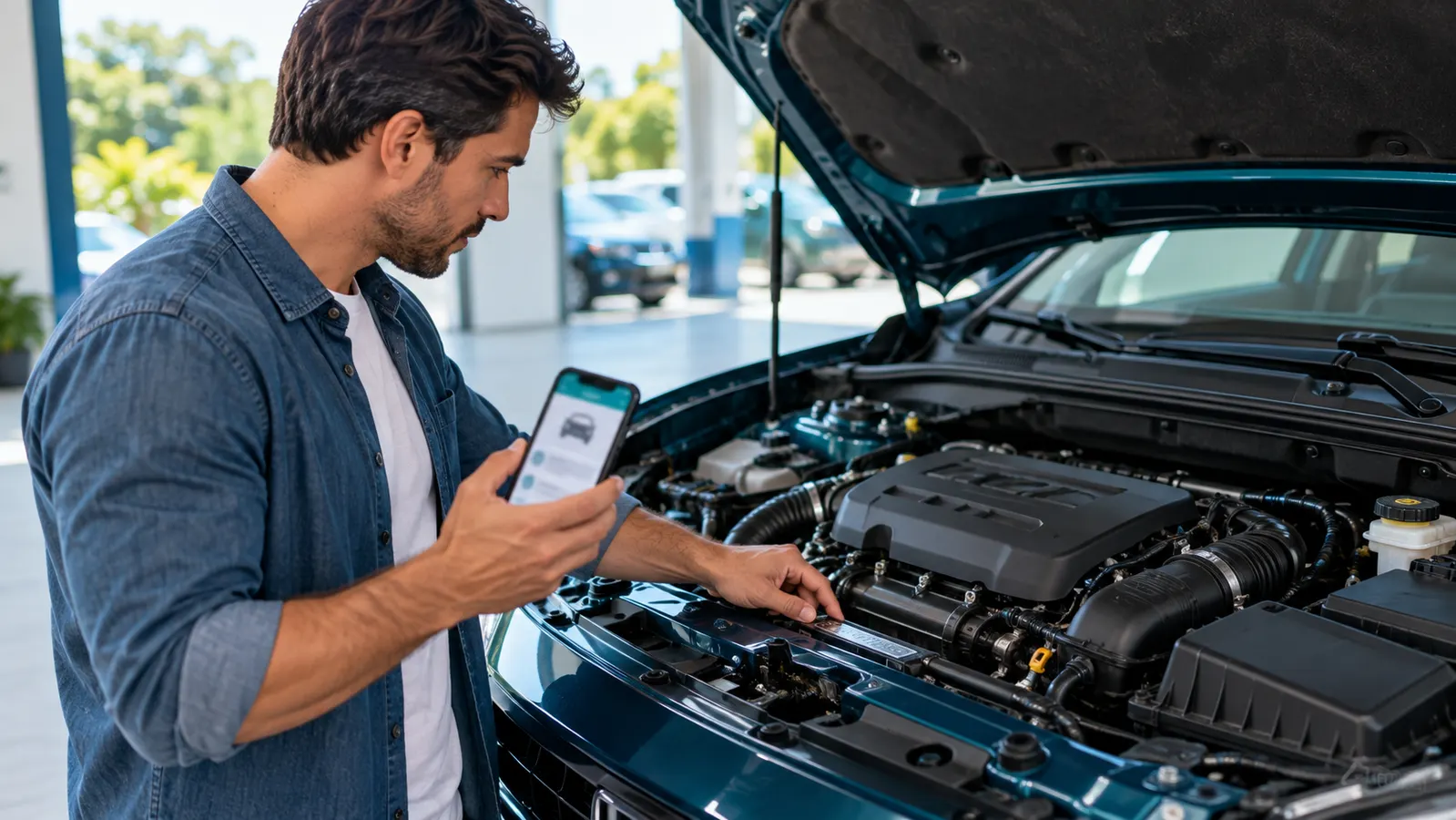 Comprador compara no celular um documento digital ilustrativo com o compartimento do motor de um carro usado.