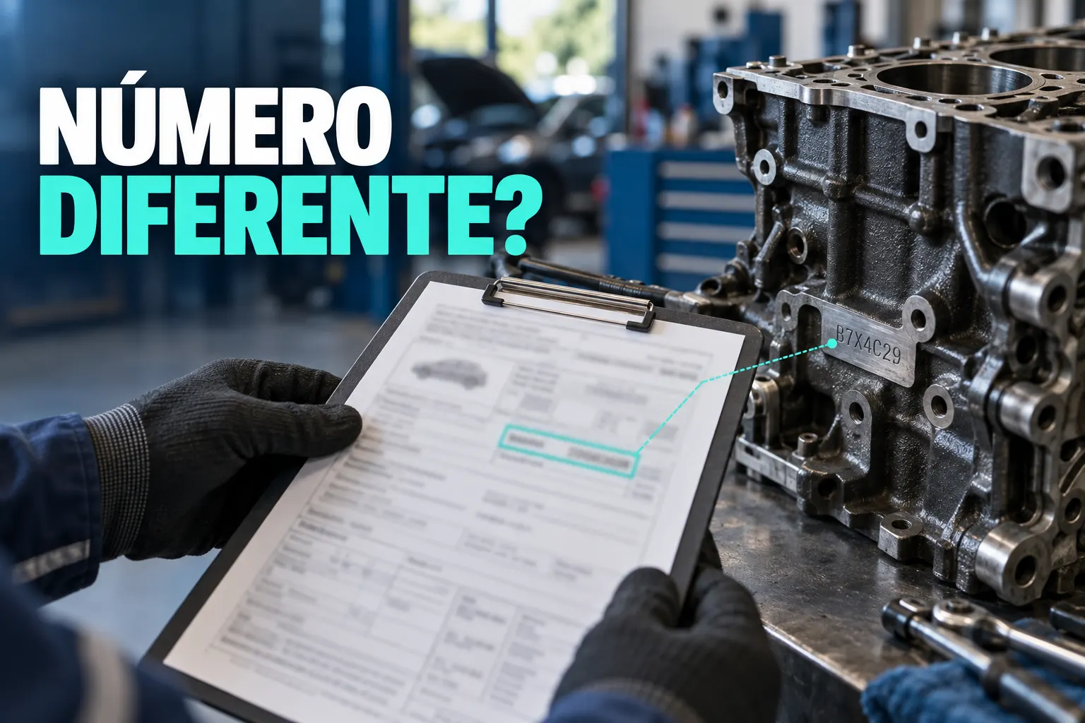 Bloco de motor em oficina ao lado de ficha ilustrativa, com chamada Número diferente?