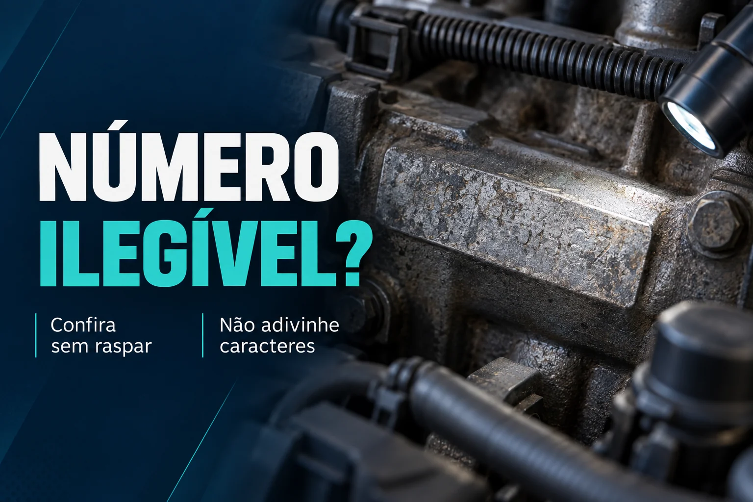 Composição ilustrativa com lanterna sobre uma área de identificação de motor desgastada e a chamada Número ilegível, confira sem raspar e não adivinhe caracteres.