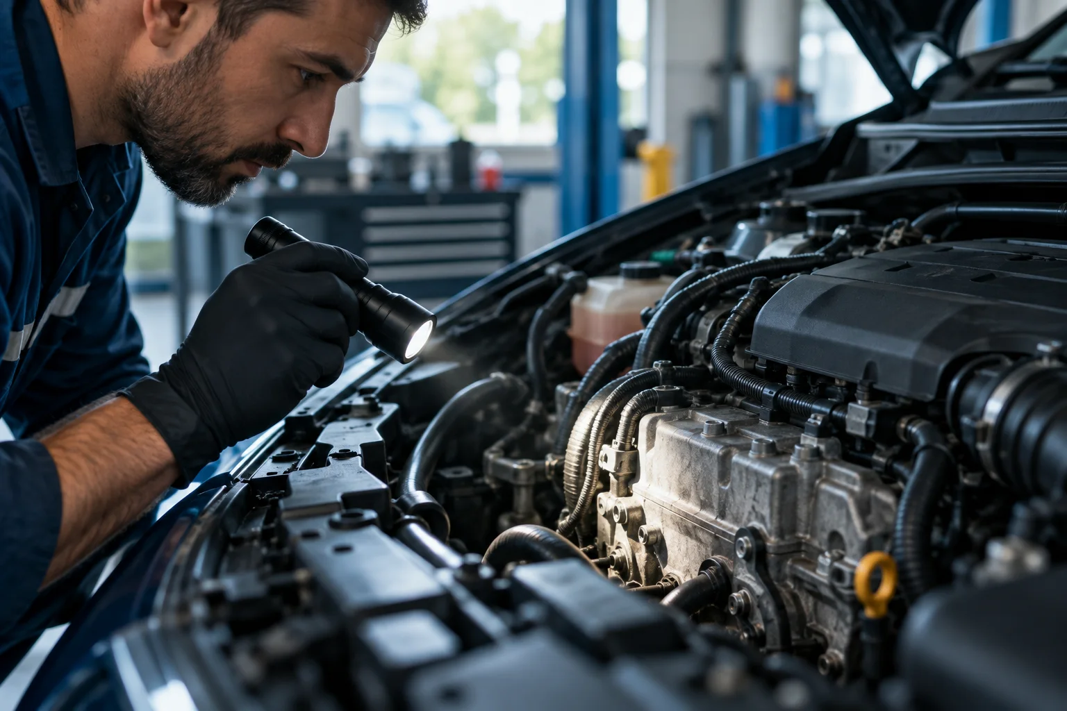 Imagem ilustrativa de inspeção visual de um motor com uma lanterna, sem numeração real visível.