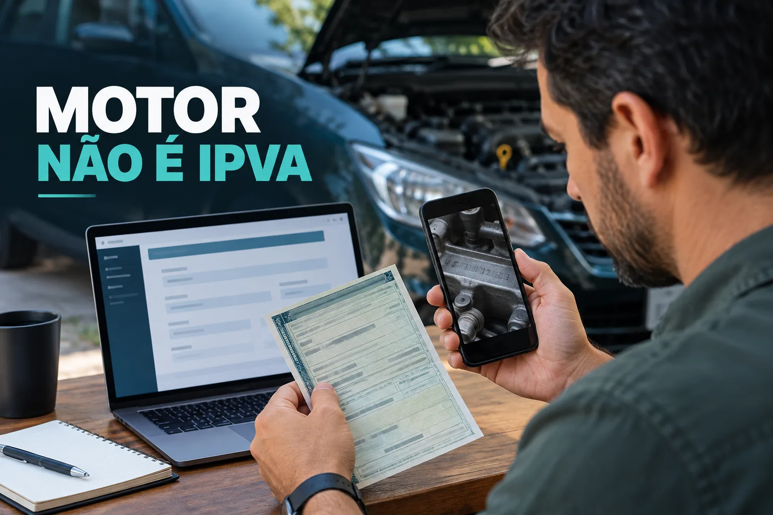 Cena ilustrativa de comprador comparando foto da identificação do motor com documento do carro e serviço digital, sob chamada Motor não é IPVA