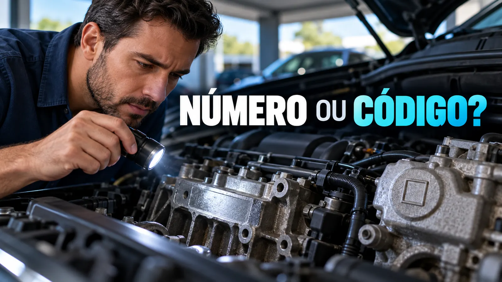 Pessoa ilumina um bloco de motor para conferir a identificação, sob a chamada Número ou código?