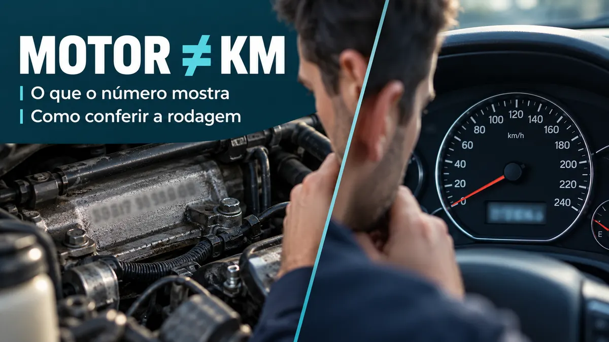 Composição ilustrativa compara identificação desfocada do motor com painel de carro e chamada Motor diferente de KM