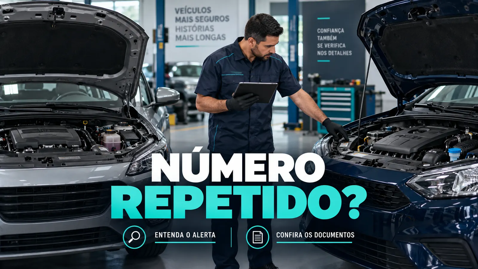 Técnico compara dois carros com capôs abertos em oficina; chamada editorial Número repetido?