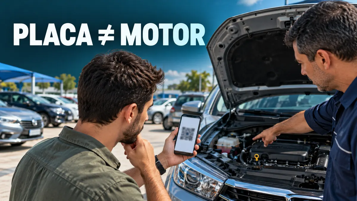 Comprador observa QR Code ilustrativo no celular enquanto profissional aponta para o motor de carro usado, com chamada Placa diferente de motor