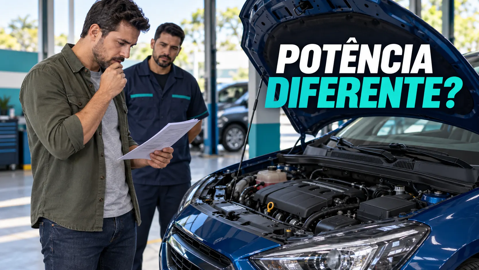 Comprador compara um documento com um carro de capô aberto; chamada editorial Potência diferente?