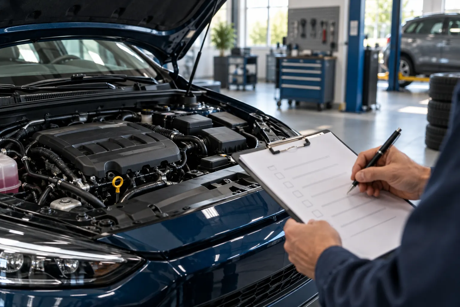 Carro usado com capô aberto em oficina e checklist ilustrativo para verificação antes da compra.
