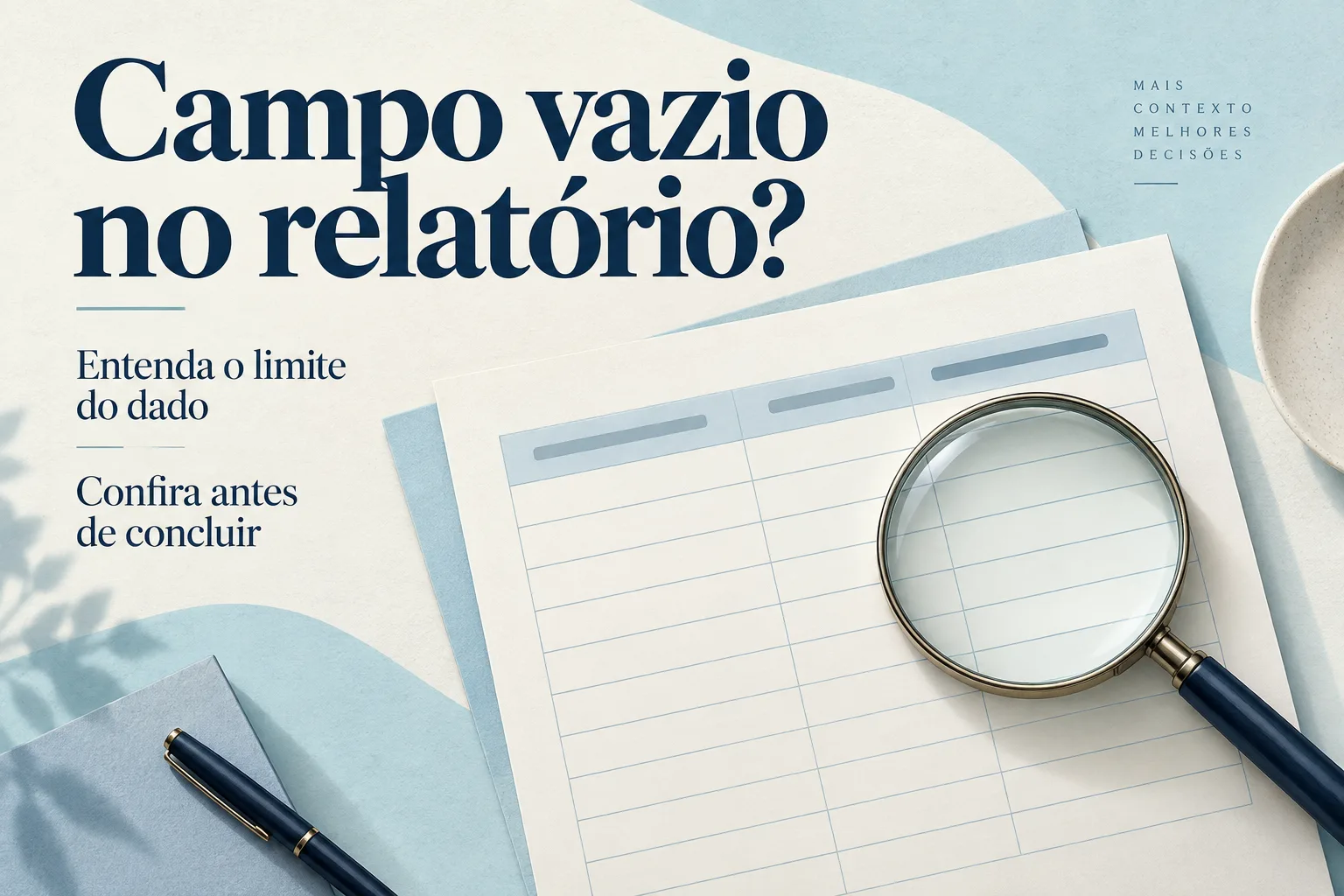 Ilustração de relatório sem dados e lupa, com orientações sobre campos vazios.