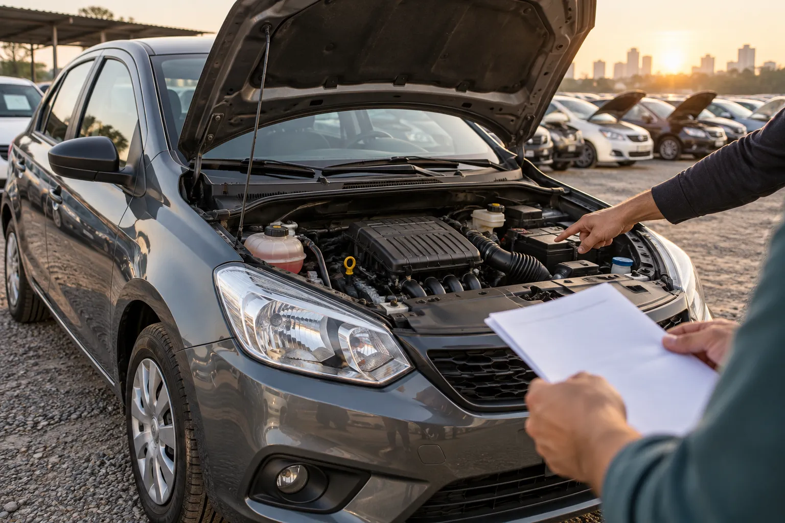 Carro usado com capô aberto num pátio de veículos, enquanto interessados observam o motor e uma folha sem dados legíveis antes de um possível lance.