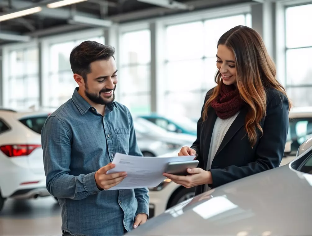 Cliente e vendedor verificando informações de veículo em tablet