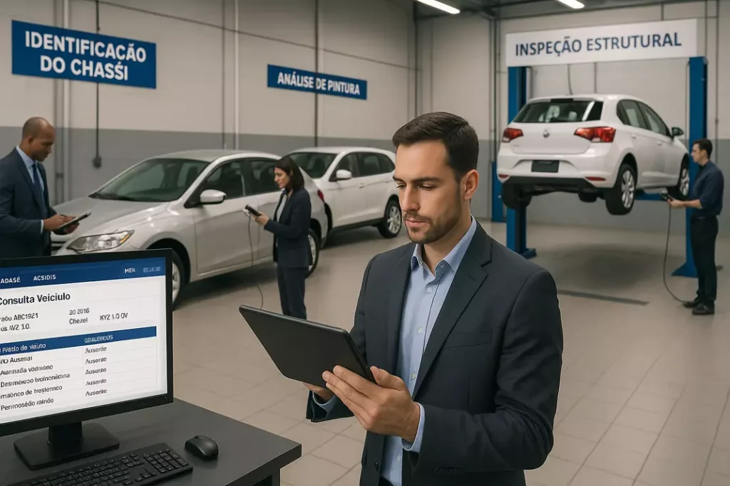 Ambiente profissional de inspeção veicular com especialistas analisando carros de leilão usando equipamentos técnicos