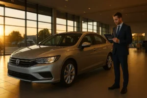 Showroom de concessionária com profissional analisando dados de veículo em tablet