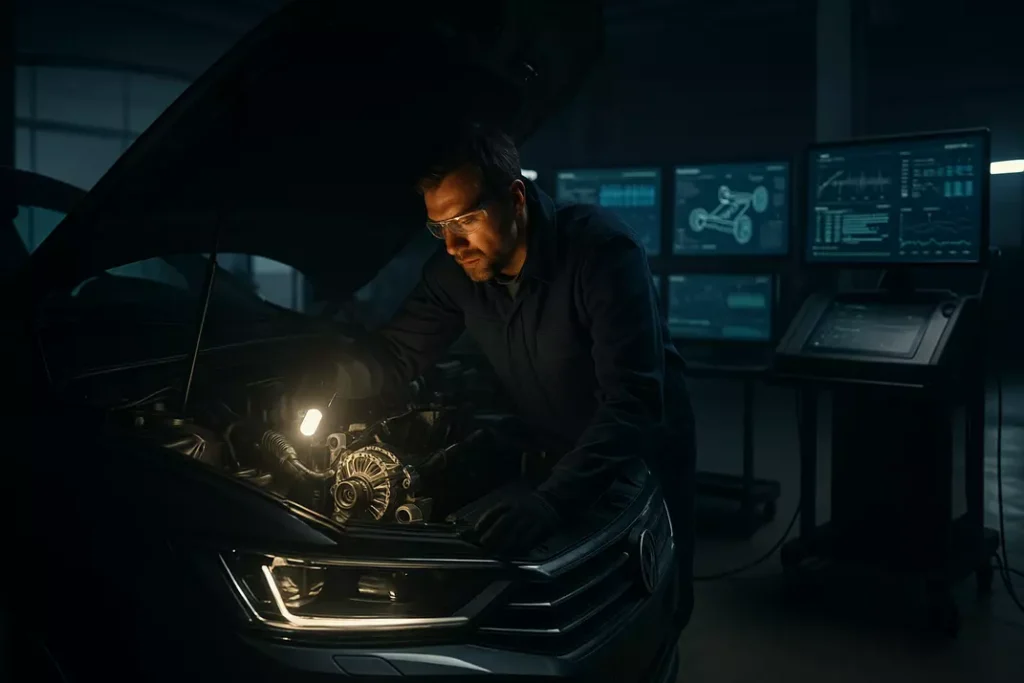 Verificação de número do motor adulterado sendo realizada por especialista em centro técnico