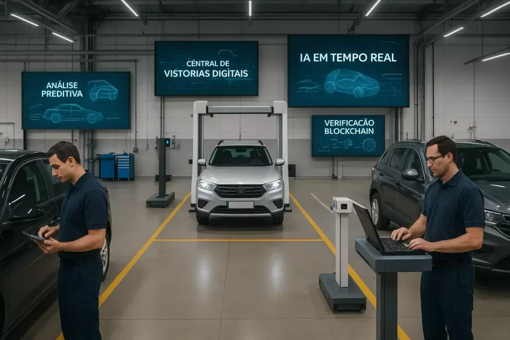 Instalação moderna de vistoria veicular mostrando diversos postos de trabalho com tecnologia de ponta e sistemas de IA