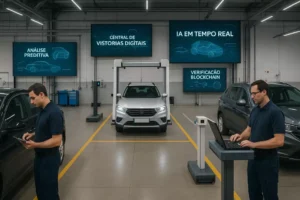 Instalação moderna de vistoria veicular mostrando diversos postos de trabalho com tecnologia de ponta e sistemas de IA