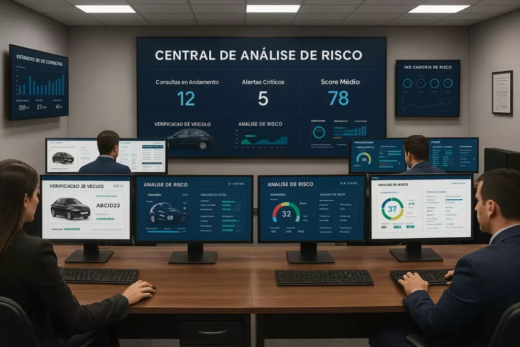 Ambiente profissional de análise de risco com múltiplas estações de trabalho realizando consultas veiculares