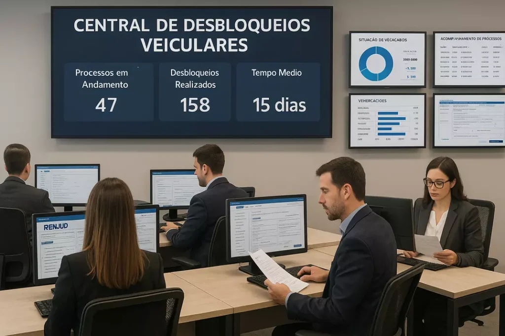 Centro de atendimento especializado em desbloqueios veiculares com profissionais consultando sistemas oficiais