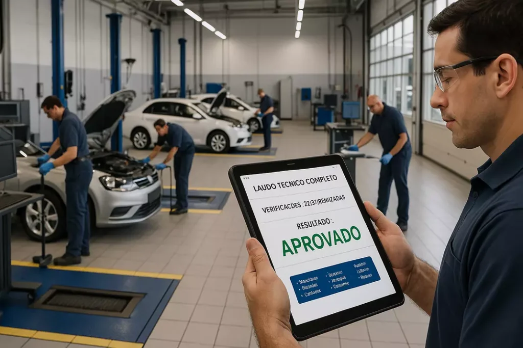 Centro profissional de inspeção veicular com técnicos realizando avaliação completa de carros seminovos