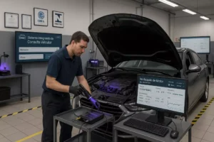 Centro técnico realizando verificação profissional de autenticidade de motores com equipamentos especializados