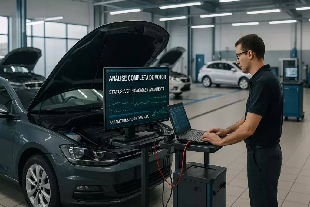 Ambiente profissional de verificação veicular com equipamentos especializados e técnicos em atividade