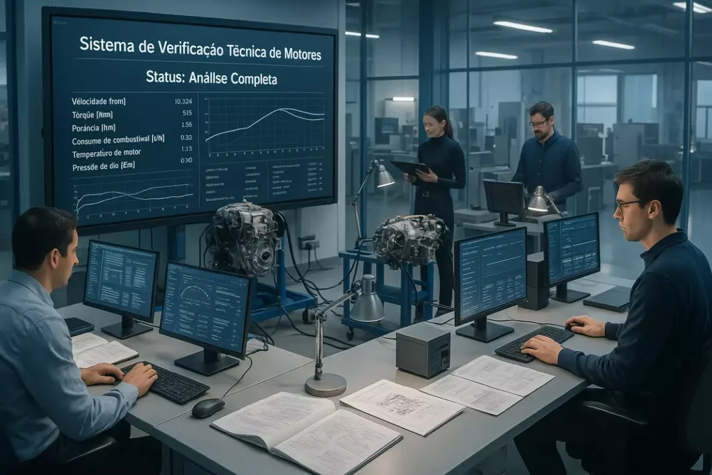 Ambiente profissional de verificação técnica de especificações de motores com múltiplas estações de trabalho