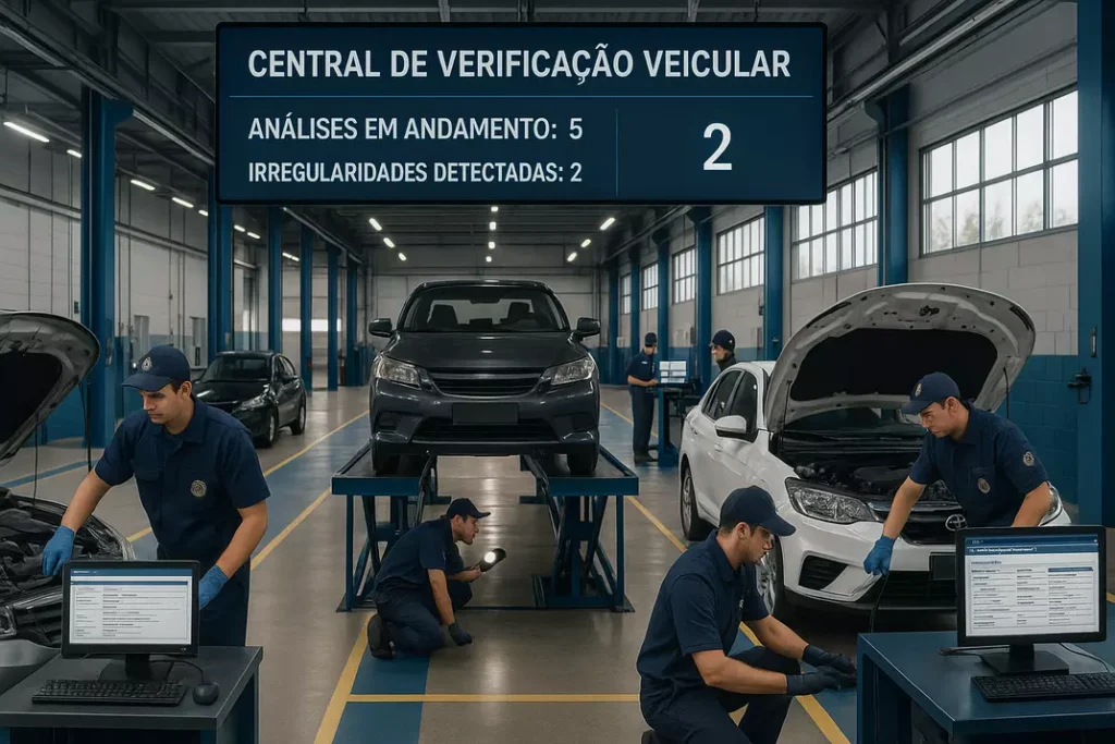 Centro profissional de verificação veicular com técnicos realizando inspeções detalhadas